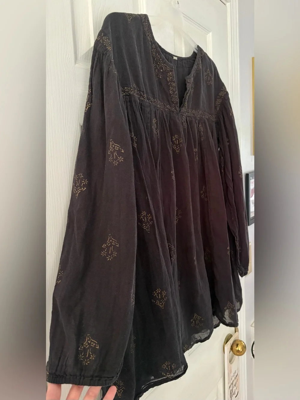 Free People Black Peasant Tunic with Gold Embroidery